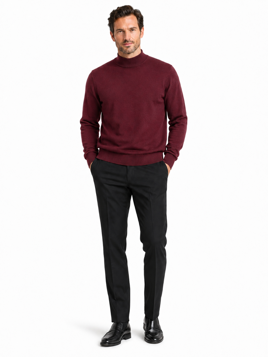 The Bassiri L/S Mock-Neck Burgundy Sweater 630, a refined creation by Bassiri, is made from soft Tencel and elegantly drapes over the person photographed from the back.