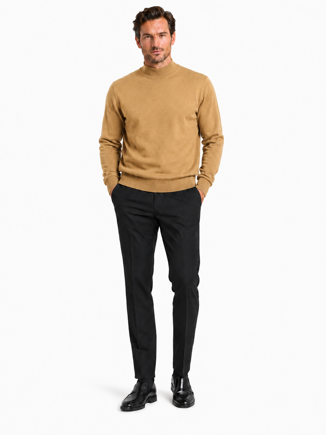 The Bassiri L/S Mock-Neck Gold Sweater 630 by Bassiri is a stylish gold sweater made from plush cotton, showcased against a plain white background.