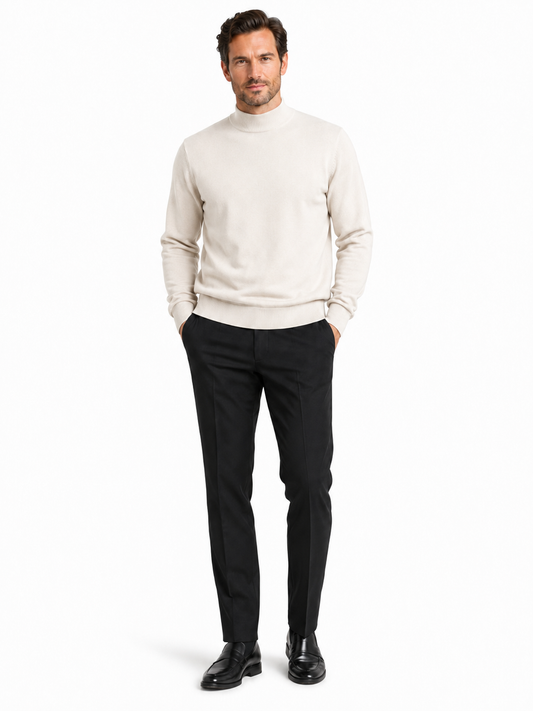 Displayed against a white background is the Bassiri L/S Mock-Neck Ivory Sweater, crafted from soft cotton. Style #630.