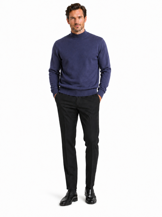 A Bassiri L/S Mock-Neck Navy Sweater, featuring long sleeves and crafted from soft cotton, is elegantly displayed against a plain white background. Style 630.