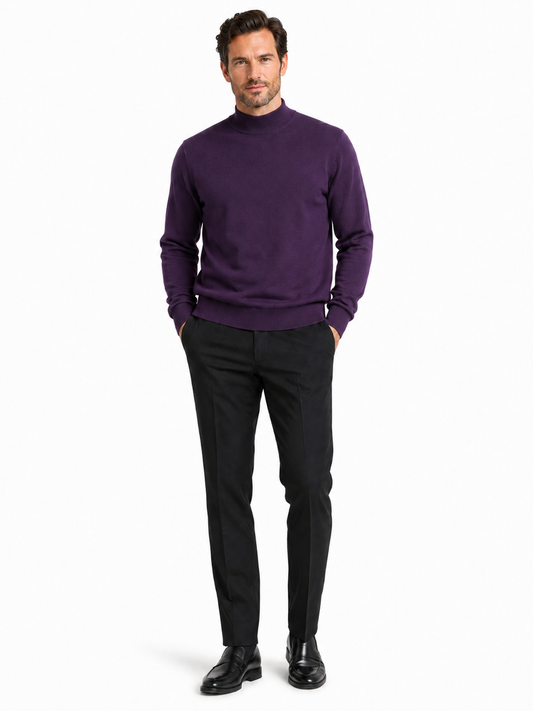 The Bassiri L/S Mock-Neck Purple Sweater 630, crafted from soft Tencel, is elegantly displayed on a mannequin against a pristine white background.