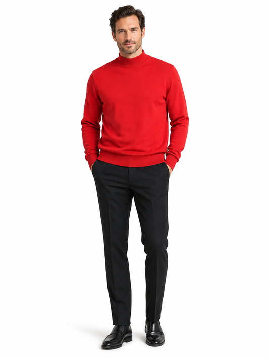 Image of the Bassiri L/S Mock-Neck Red Sweater 630, crafted by Bassiri, elegantly displayed on a mannequin against a pristine white background.