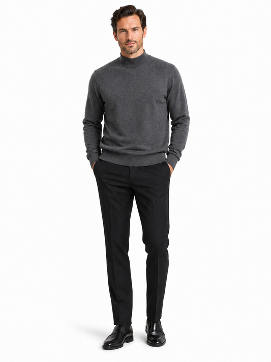 The Bassiri L/S Mock-Neck Smoke Sweater (Style #630) is shown on a mannequin against a white background, crafted from a soft blend of Tencel and cotton.
