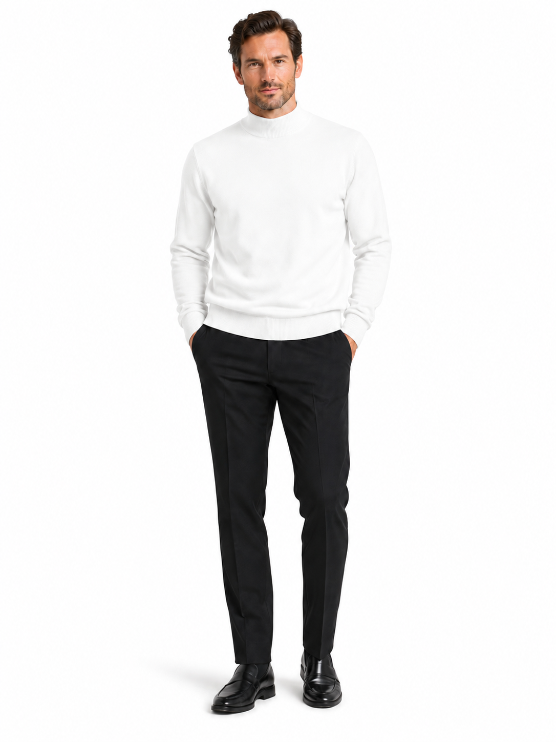 The Bassiri L/S Mock-Neck White Sweater 630, by Bassiri, is a classic long-sleeve sweater crafted from soft cotton in a plain white design.