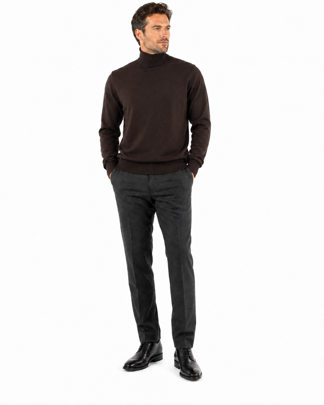 The Bassiri L/S Turtleneck Brown Sweater 631 by Bassiri is made from soft cotton and showcases long sleeves and ribbed cuffs, all against a plain background.