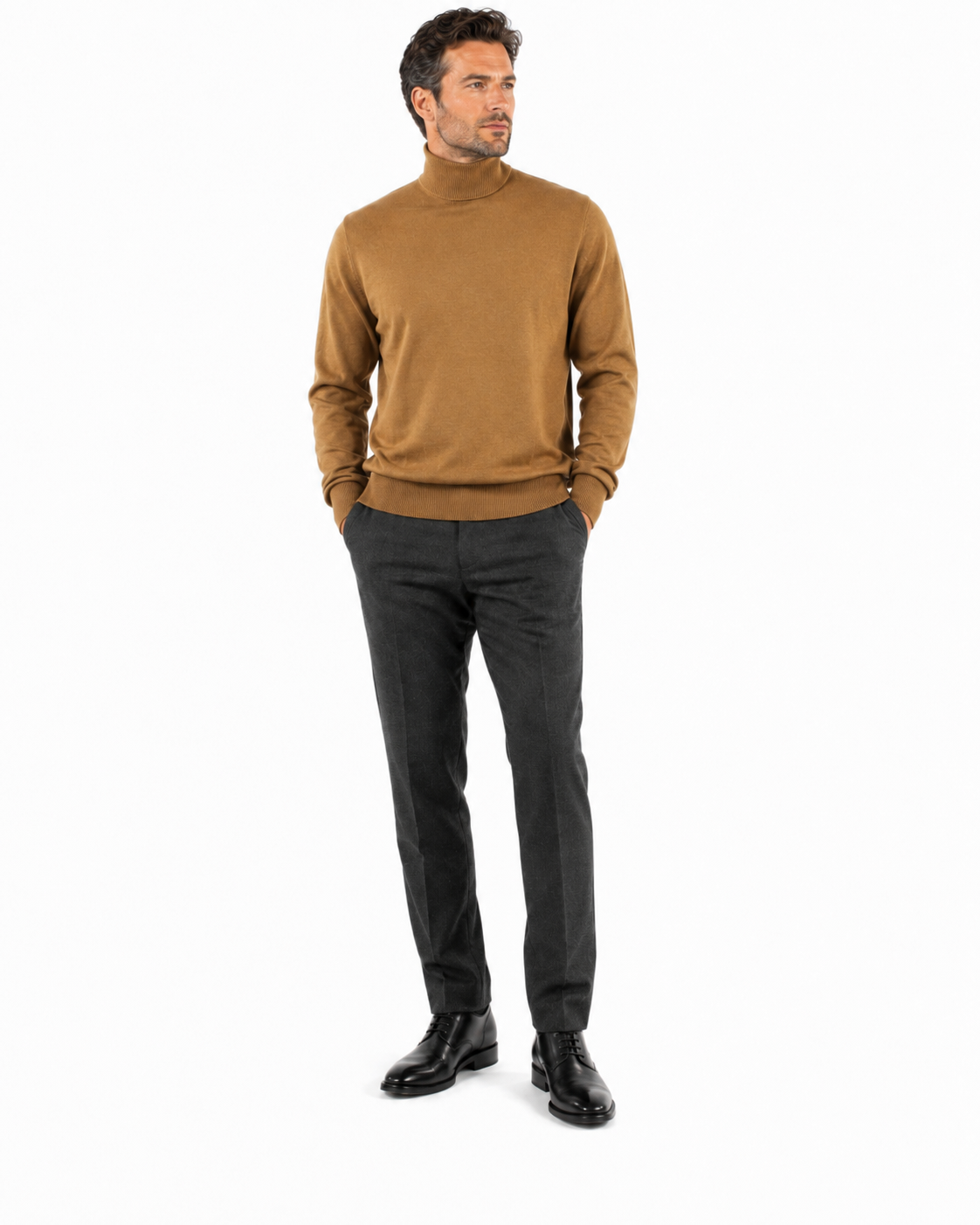 The Bassiri L/S Turtleneck Gold Sweater 631 is elegantly displayed on a mannequin.