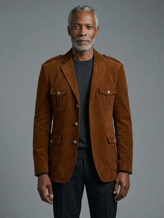 Man wearing an Inserch Velvet Military Blazer BL569 Aztec (Size Small) in brown velvet with four front pockets and silver shank buttons over a dark sweater.