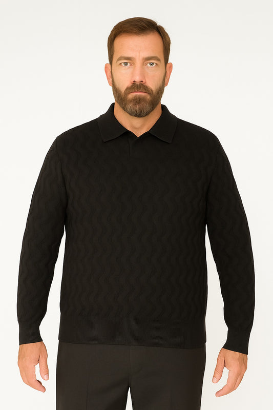 A man with short brown hair and a beard wears the Bassiri Long Sleeve Collar Neck Black Sweater 639 and black pants, standing against a plain white background.