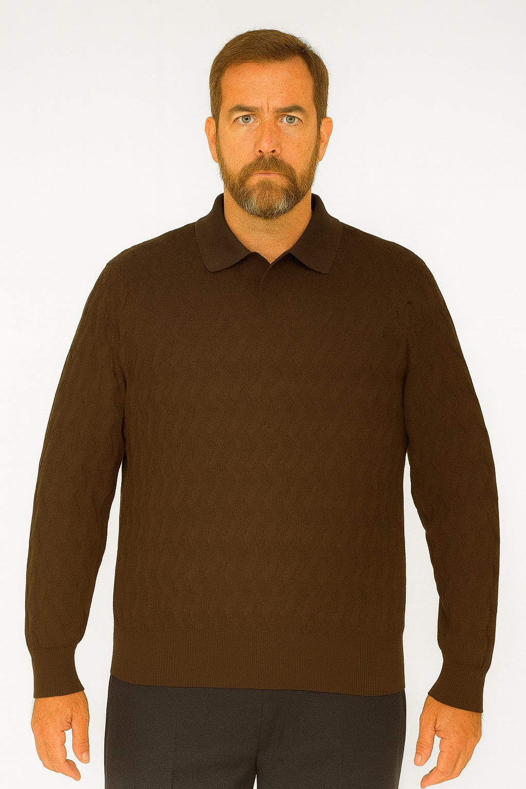 A man with short hair and a beard stands facing forward, wearing the Bassiri Long Sleeve Collar Neck Brown Sweater 639 and black pants against a plain white background.