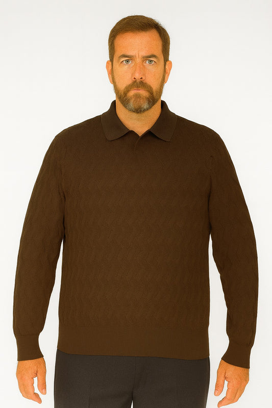 A man with short hair and a beard stands facing forward, wearing the Bassiri Long Sleeve Collar Neck Brown Sweater 639 and black pants against a plain white background.