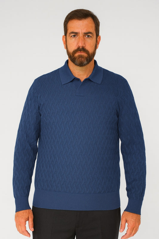 A bearded man stands facing forward against a white background, wearing the Bassiri Long Sleeve Collar Neck Navy Sweater 639 and black pants, with a neutral expression.