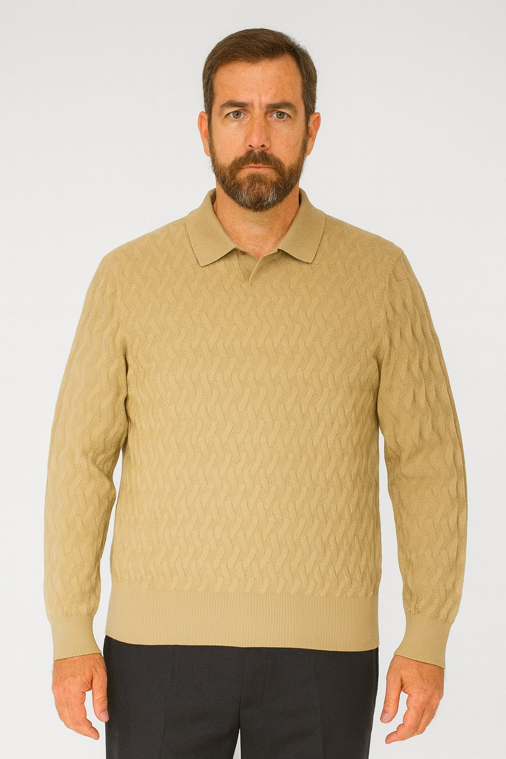 Man with a beard wears the Bassiri Long Sleeve Collar Neck Tan Sweater 639 and dark pants, standing against a plain white background.