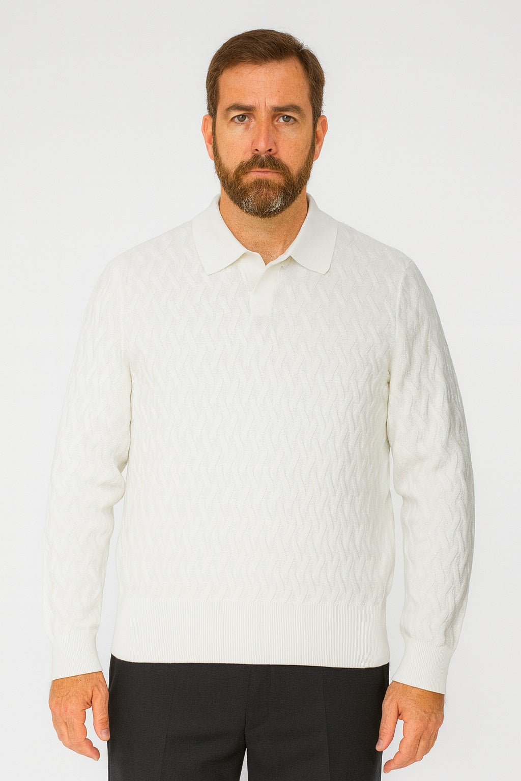 Man with a beard wearing the Bassiri Long Sleeve Collar Neck White Sweater 639 by Bassiri, standing against a plain white background.