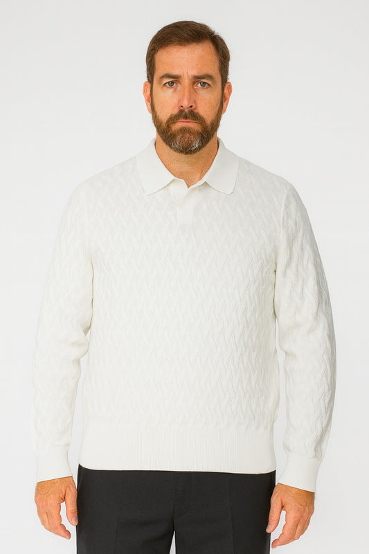 Man with a beard wearing the Bassiri Long Sleeve Collar Neck White Sweater 639 by Bassiri, standing against a plain white background.