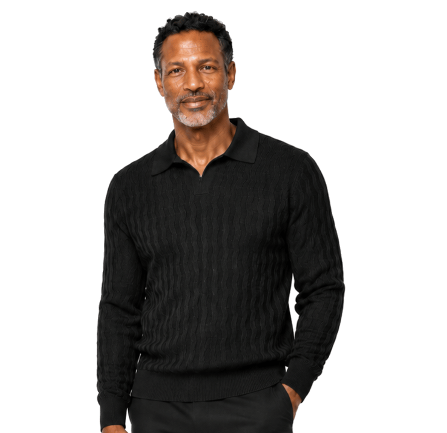 A man with short brown hair and a beard wears the Bassiri Long Sleeve Collar Neck Black Sweater 639 and black pants, standing against a plain white background.