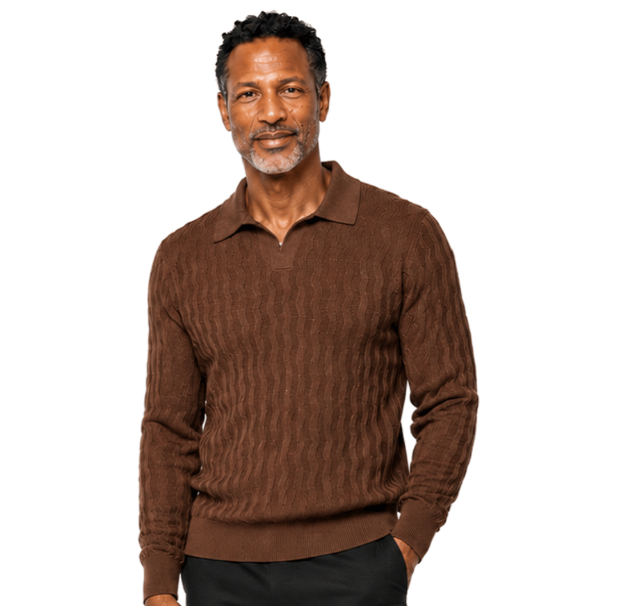 A man with short hair and a beard stands facing forward, wearing the Bassiri Long Sleeve Collar Neck Brown Sweater 639 and black pants against a plain white background.