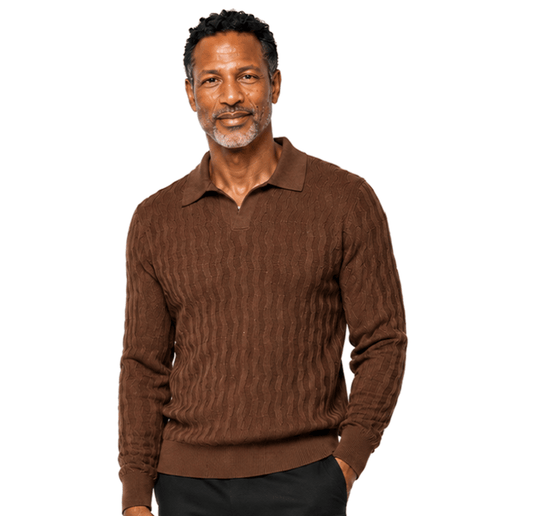A man with short hair and a beard stands facing forward, wearing the Bassiri Long Sleeve Collar Neck Brown Sweater 639 and black pants against a plain white background.