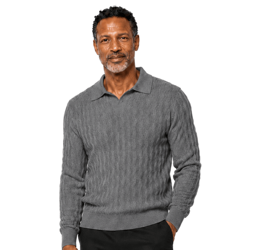 A man with a beard wears the Bassiri Long Sleeve Collar Neck Charcoal Sweater 639, paired with black pants, standing against a plain white background.