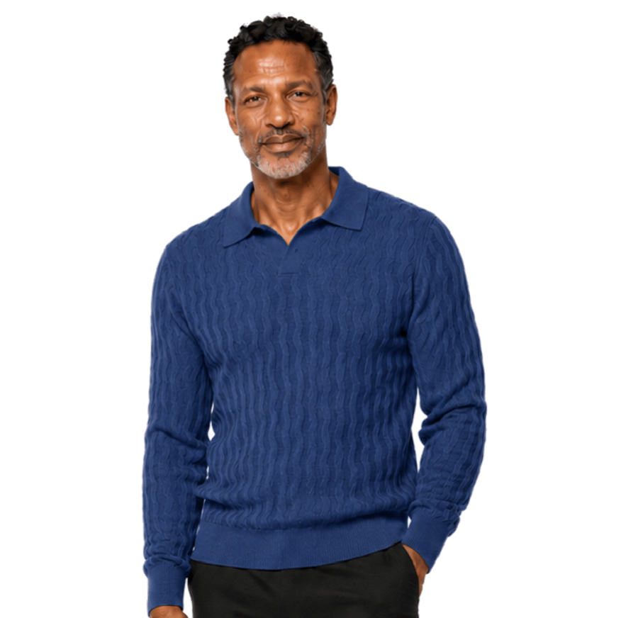A bearded man stands facing forward against a white background, wearing the Bassiri Long Sleeve Collar Neck Navy Sweater 639 and black pants, with a neutral expression.