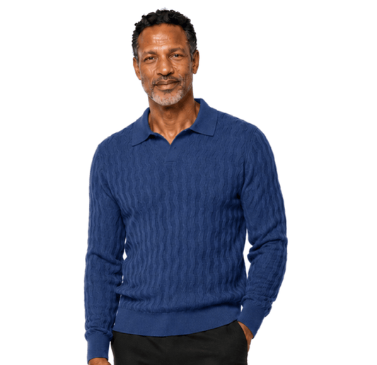 A bearded man stands facing forward against a white background, wearing the Bassiri Long Sleeve Collar Neck Navy Sweater 639 and black pants, with a neutral expression.