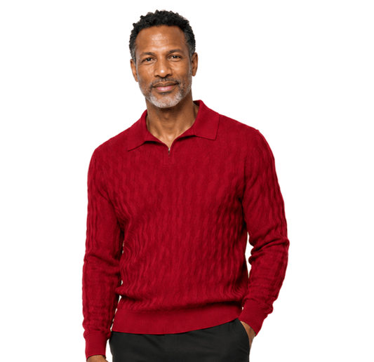 A bearded man stands facing forward in a Bassiri Long Sleeve Collar Neck Red Sweater 639 and dark pants against a plain light background.