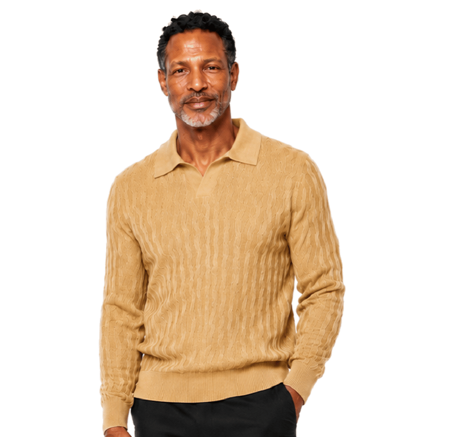 Man with a beard wears the Bassiri Long Sleeve Collar Neck Tan Sweater 639 and dark pants, standing against a plain white background.