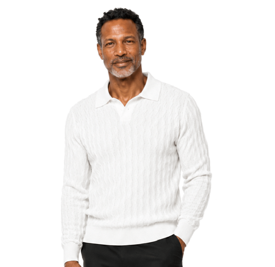 Man with a beard wearing the Bassiri Long Sleeve Collar Neck White Sweater 639 by Bassiri, standing against a plain white background.
