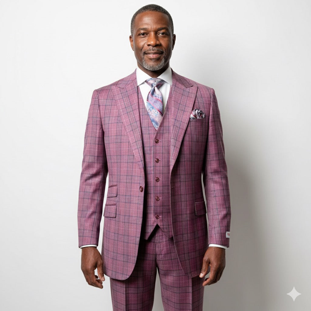 A mannequin displays a Tiglio Rosso Portofino Burgundy Blue Semi Wide Leg suit, complete with a matching tie and pocket square, against a gray background.