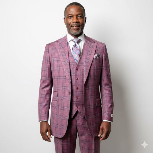 A mannequin displays a Tiglio Rosso Portofino Burgundy Blue Semi Wide Leg suit, complete with a matching tie and pocket square, against a gray background.