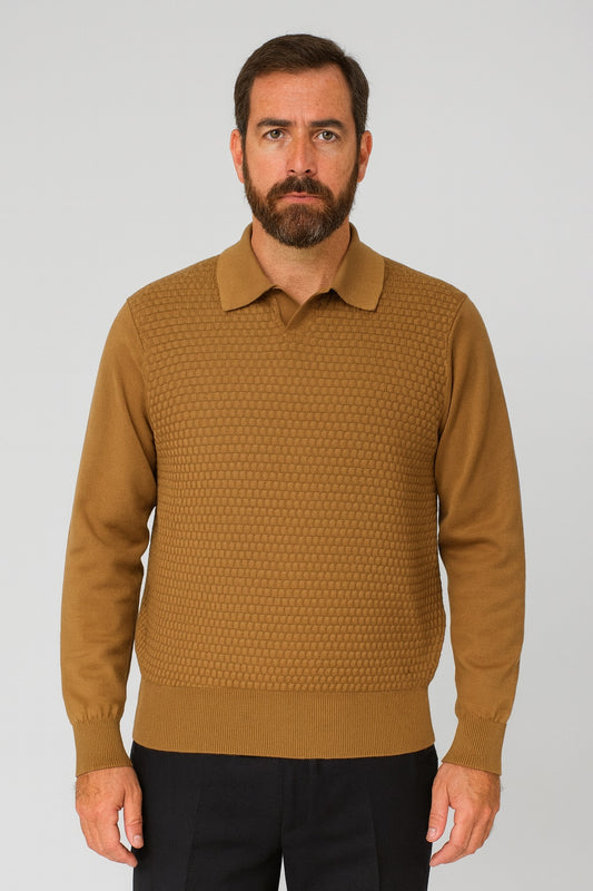 A man with a beard wears the Bassiri Long Sleeve Collar Neck Cognac Sweater 640 and black pants, standing facing the camera against a plain background.