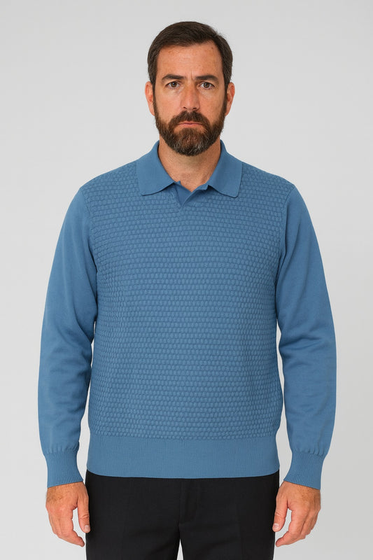 A man with a beard and mustache wears the Bassiri Long Sleeve Collar Neck Denim Sweater 640 and black pants, standing against a plain light background.