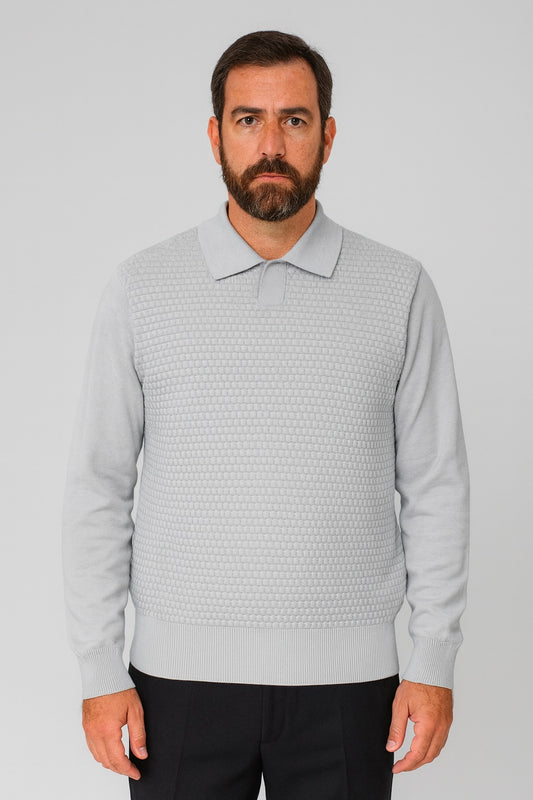A man with a beard wears the Bassiri Long Sleeve Collar Neck Grey Sweater 640 and black pants, standing facing forward against a plain light background.