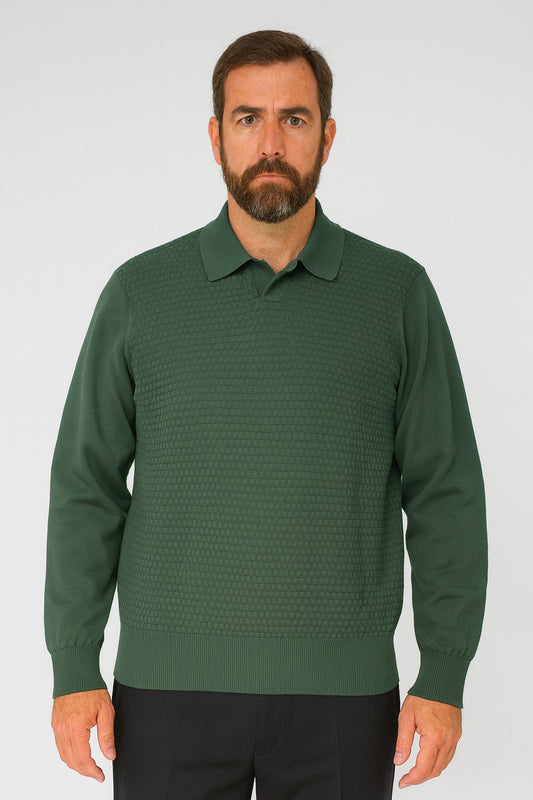 A bearded man faces forward against a white background, wearing the Bassiri Long Sleeve Collar Neck Olive Sweater 640 and dark pants.