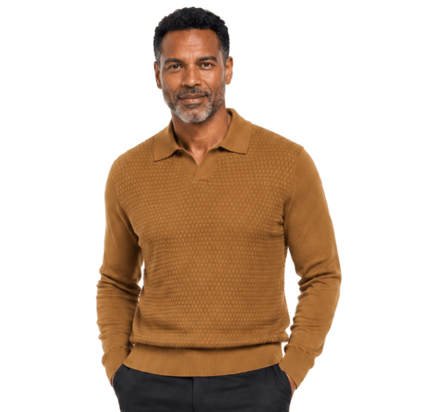 A man with a beard wears the Bassiri Long Sleeve Collar Neck Cognac Sweater 640 and black pants, standing facing the camera against a plain background.