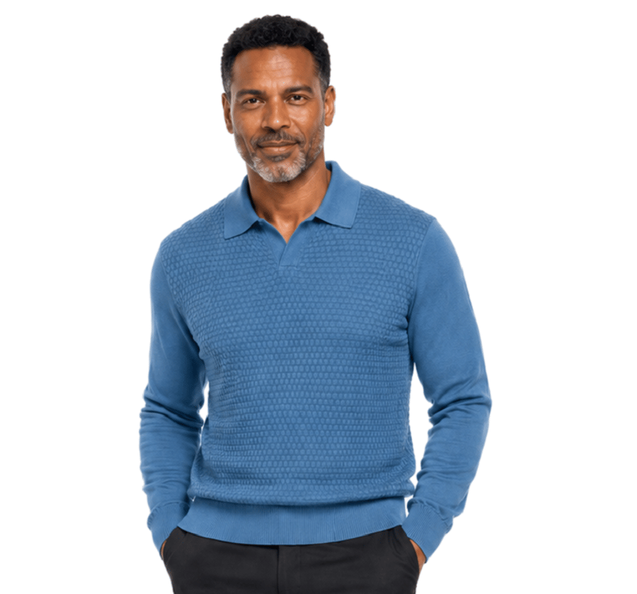A man with a beard and mustache wears the Bassiri Long Sleeve Collar Neck Denim Sweater 640 and black pants, standing against a plain light background.