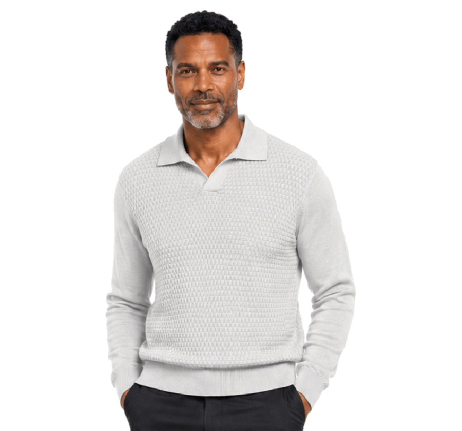 A man with a beard wears the Bassiri Long Sleeve Collar Neck Grey Sweater 640 and black pants, standing facing forward against a plain light background.