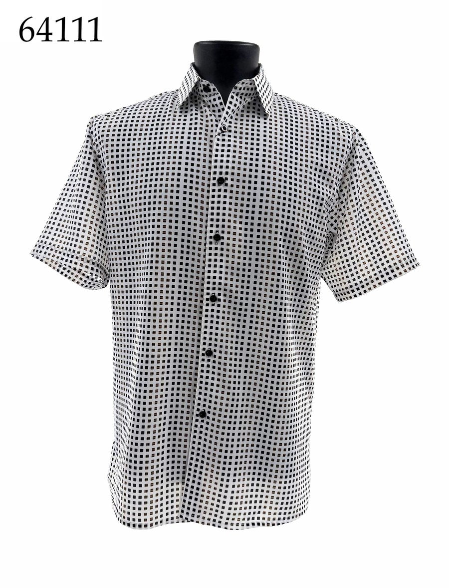 The Bassiri Short Sleeve Shirt 64111 by Bassiri, featuring a black and white checkered pattern and regular fit, is shown on a black mannequin torso.
