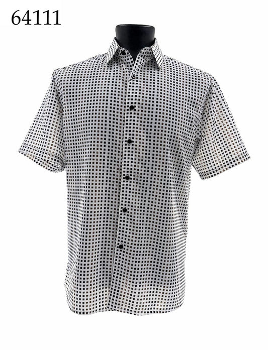 The Bassiri Short Sleeve Shirt 64111 by Bassiri, featuring a black and white checkered pattern and regular fit, is shown on a black mannequin torso.
