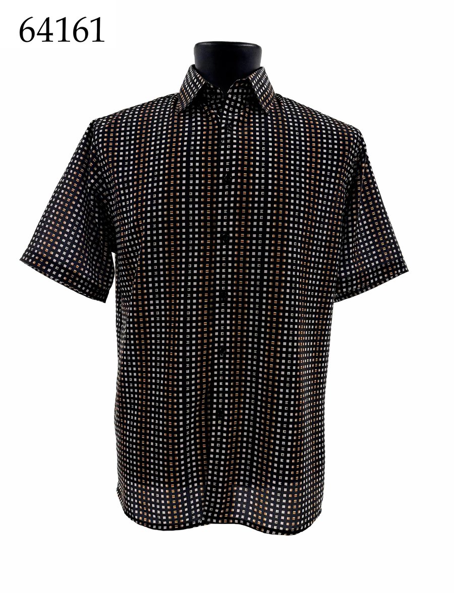 Bassiri Short Sleeve Shirt 64161 by Bassiri features a regular fit, black base, and white/orange small square pattern. Displayed on a mannequin with product code 64161 in the top left corner.