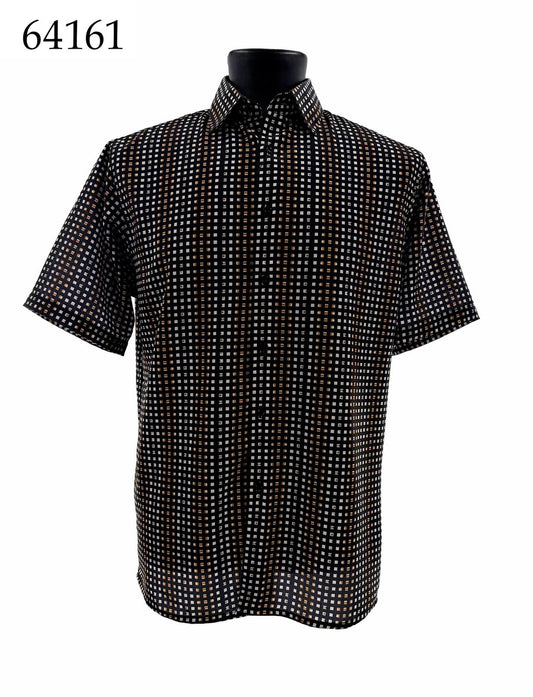 Bassiri Short Sleeve Shirt 64161 by Bassiri features a regular fit, black base, and white/orange small square pattern. Displayed on a mannequin with product code 64161 in the top left corner.