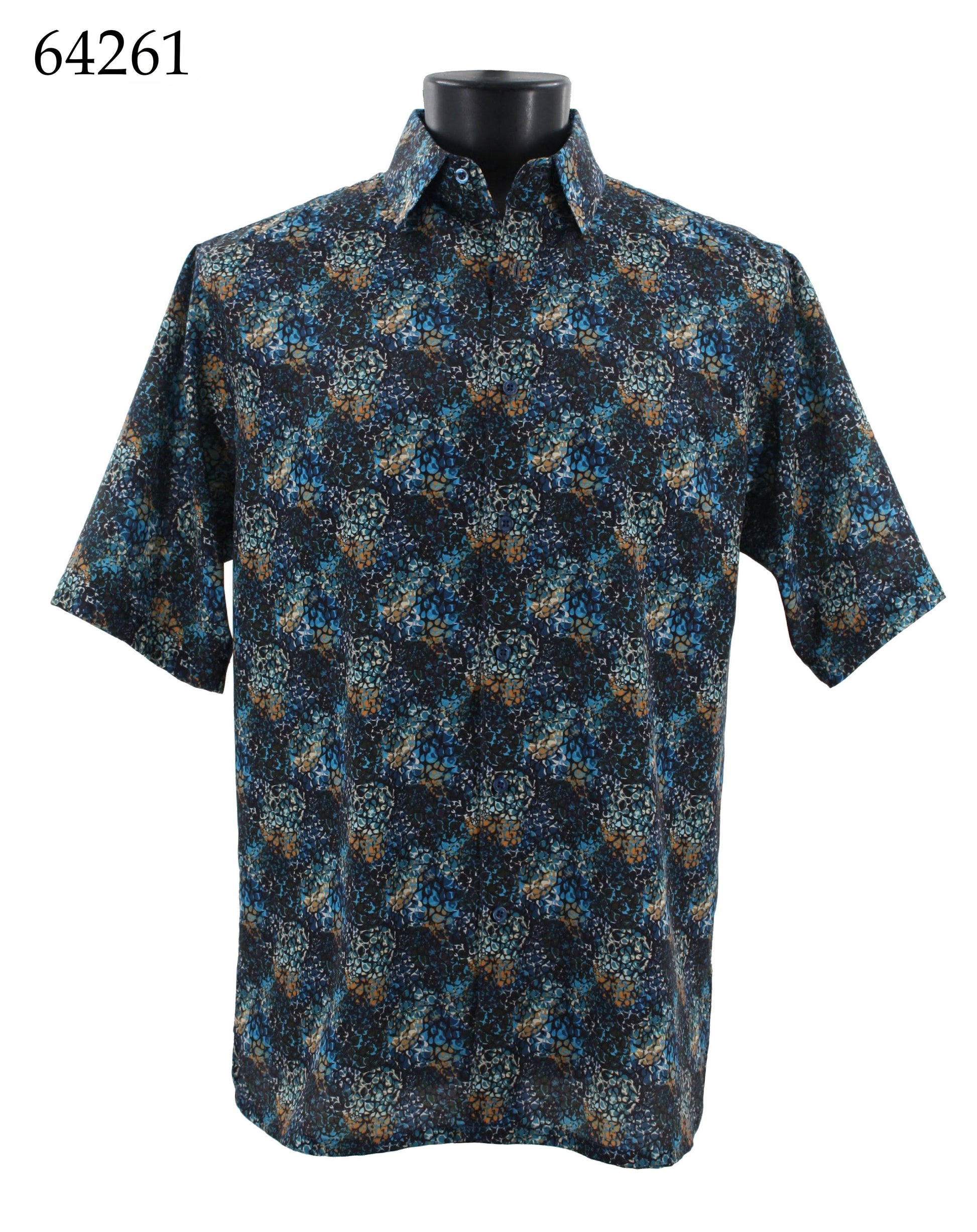 A mannequin showcases the Bassiri Short Sleeve Shirt 64261, a regular fit button-up featuring a dark floral pattern, set against a white background. The product number is prominently displayed in the top left corner.