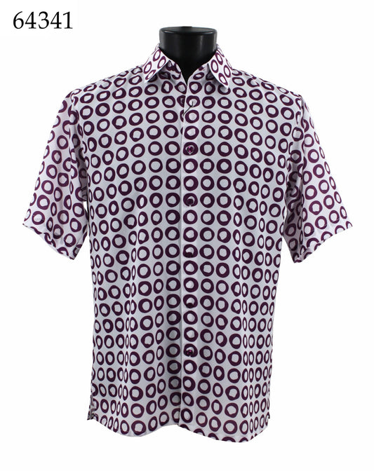 The Bassiri Short Sleeve Shirt 64341 by Bassiri, featuring a purple and white circular pattern in a regular fit, is stylishly displayed on a mannequin.
