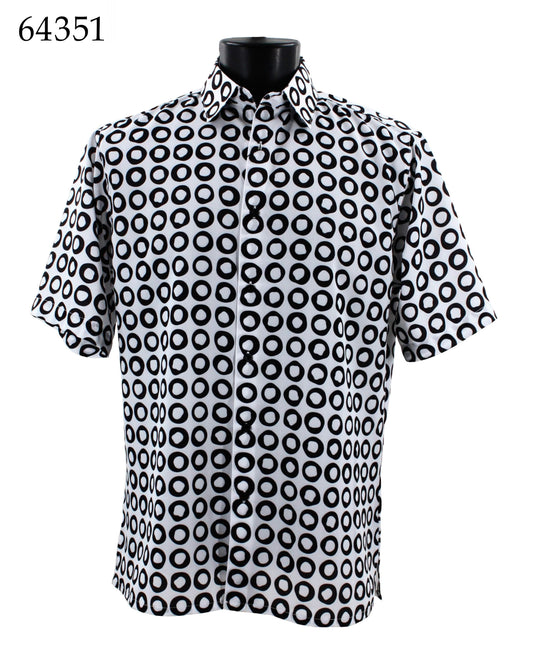 Bassiri Short Sleeve Shirt 64351 by Bassiri, featuring a black and white circle pattern in a regular fit with short sleeves, displayed on a mannequin.