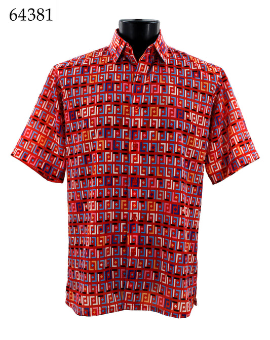 The Bassiri Short Sleeve Shirt 64381, by Bassiri, in a regular fit displays an eye-catching red geometric pattern elegantly showcased on a mannequin.