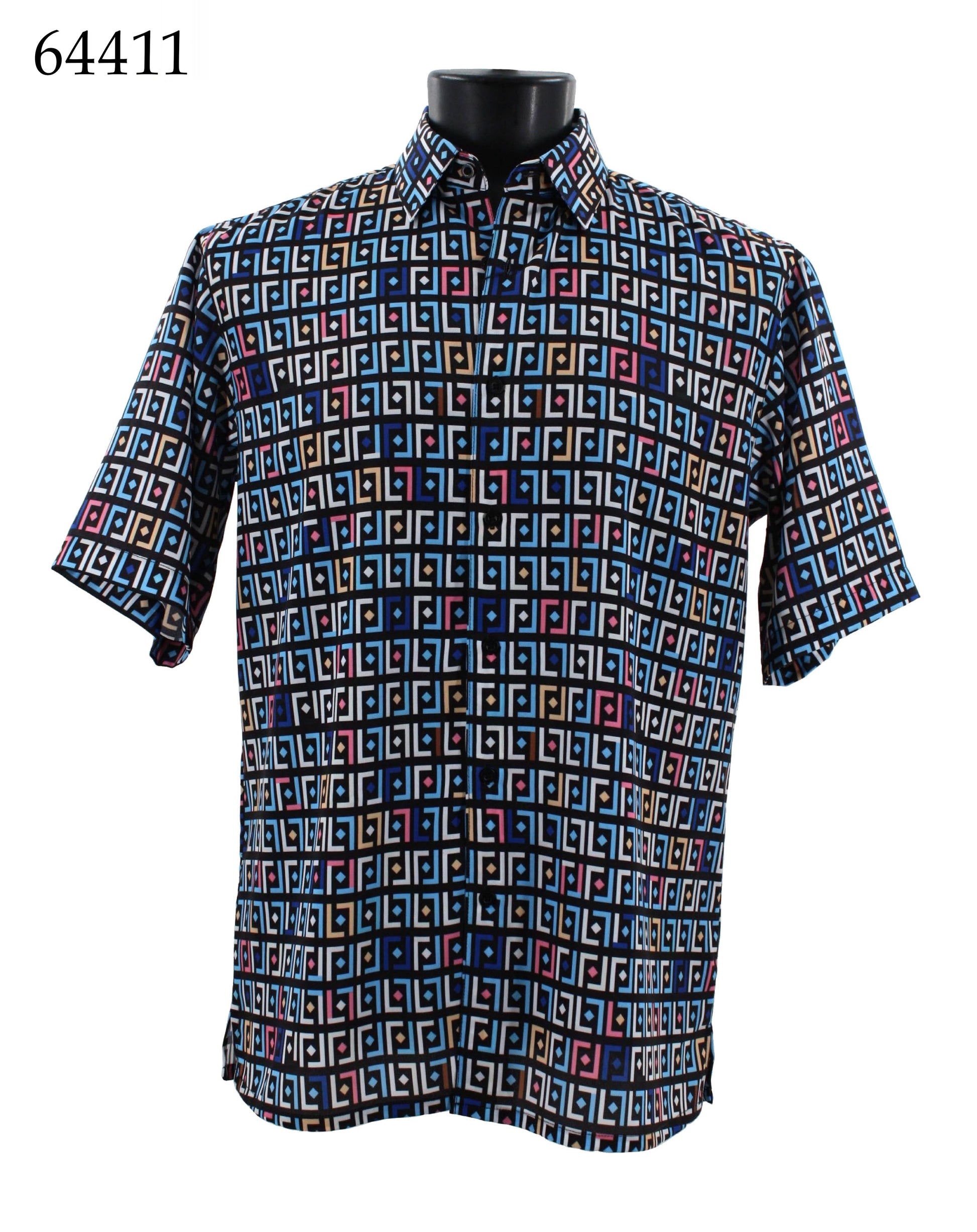 The Bassiri Short Sleeve Shirt 64411 by Bassiri features a regular fit and short sleeves, showcasing a vibrant geometric square pattern in multiple colors, elegantly set against a plain background.