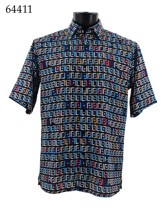 The Bassiri Short Sleeve Shirt 64411 by Bassiri features a regular fit and short sleeves, showcasing a vibrant geometric square pattern in multiple colors, elegantly set against a plain background.