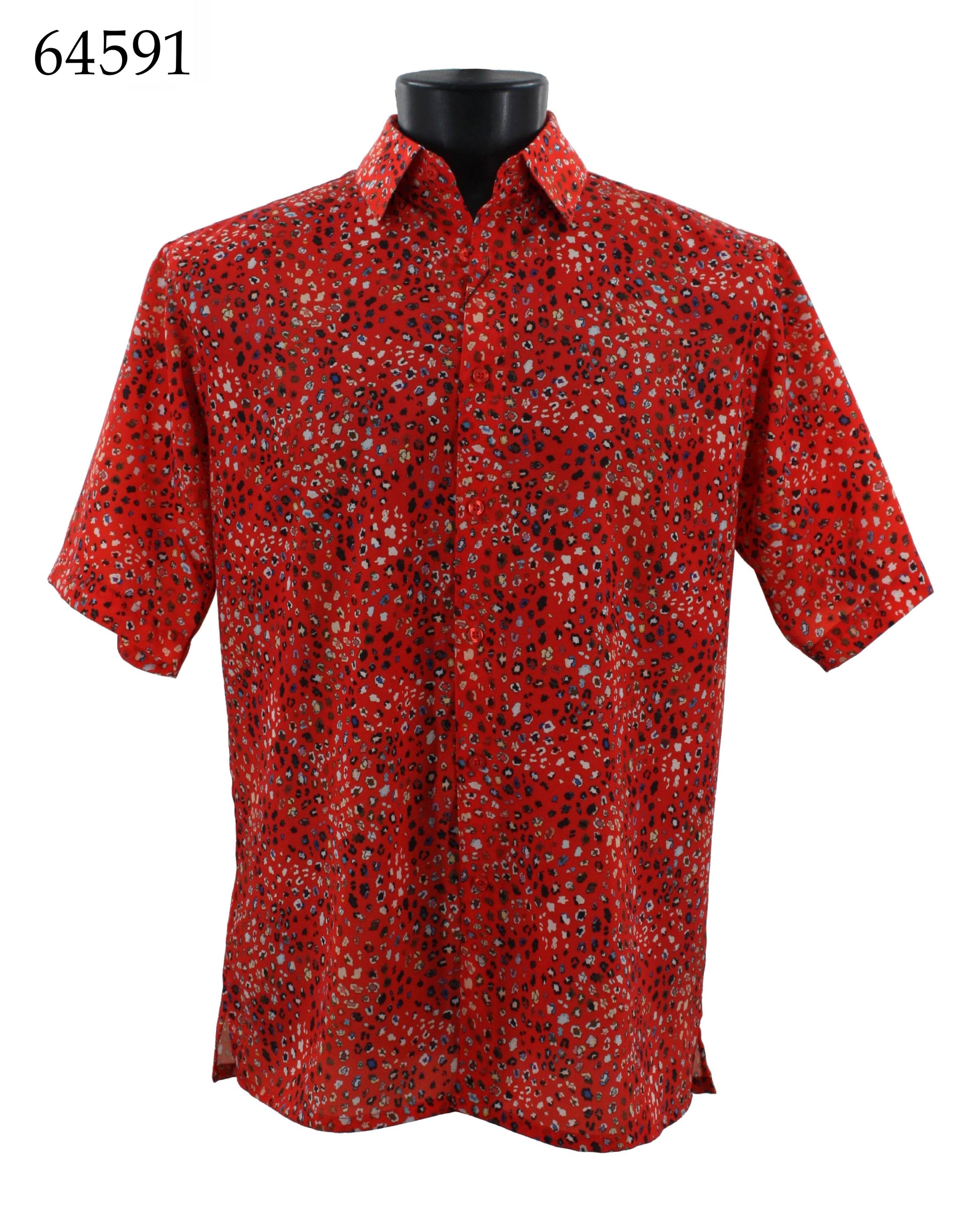The Bassiri Short Sleeve Shirt 64591, designed with a regular fit and featuring a red color with a multicolored dot pattern, is elegantly displayed on a mannequin.