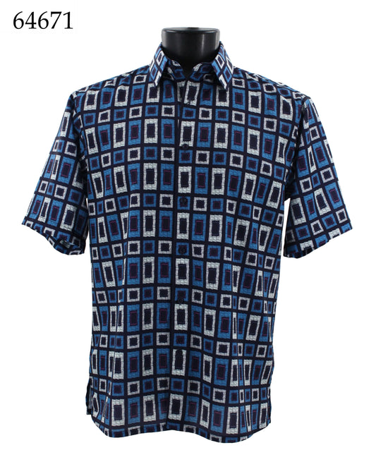 The Bassiri Short Sleeve Shirt 64671 showcases a geometric pattern featuring blue, black, and white rectangles. This regular fit piece by Bassiri offers both style and comfort for a versatile look, beautifully presented on a stand.