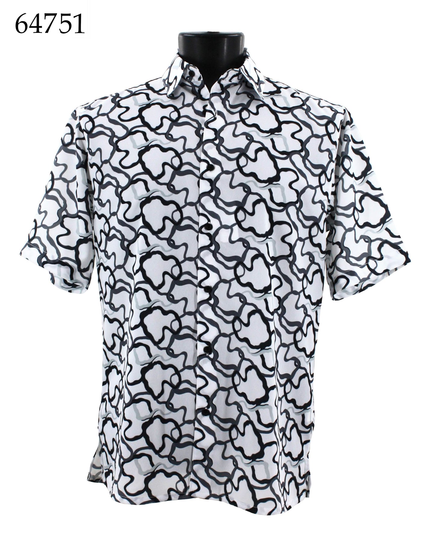 The Bassiri Short Sleeve Shirt 64751, featuring a black and white pattern in a Regular Fit, elegantly drapes on a mannequin.