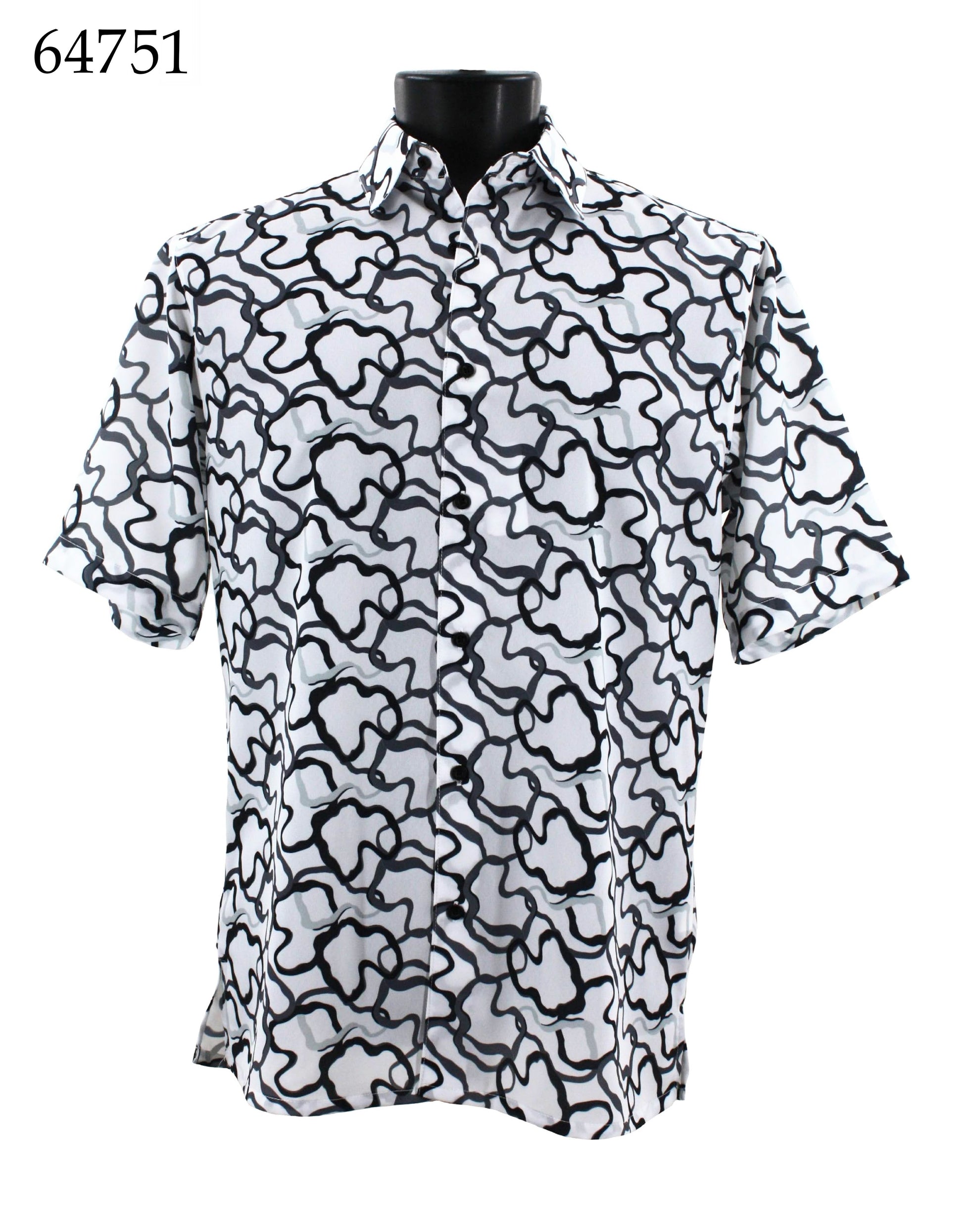 The Bassiri Short Sleeve Shirt 64751, featuring a black and white pattern in a Regular Fit, elegantly drapes on a mannequin.
